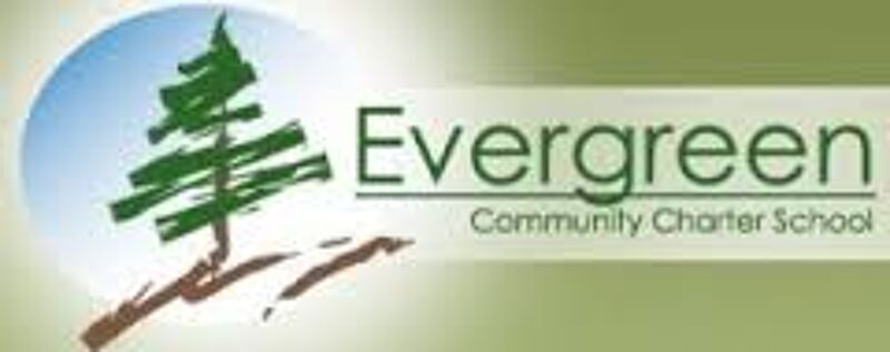 The image displays the logo for Evergreen Community Charter School. The logo features a stylized evergreen tree in green, set against a light blue circle. The school's name, "Evergreen," is written in a clean, sans-serif font, with "Community Charter School" appearing in a smaller font size underneath. The overall design is simple, professional, and nature-inspired.